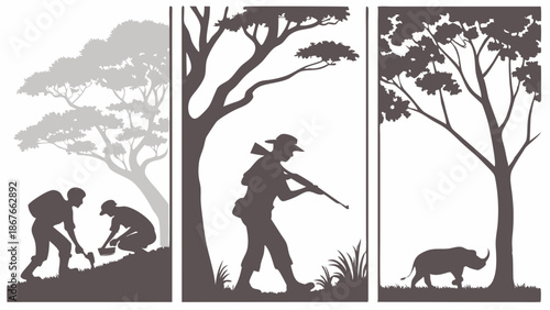 Wildlife Conservation Struggle Silhouette: Poaching Threat, Rhino Protection, Archaeology Dig for Environmental Awareness Campaign