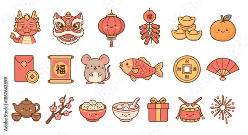 Charming collection of Lunar New Year icons, featuring traditional celebration elements like festive lanterns, red envelopes, symbolic animals, and cultural good fortune charms