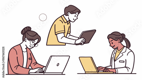 Focused Diverse Team Working Remotely Typing on Laptops and Tablet for Digital Project Collaboration in Modern Workspace Setting