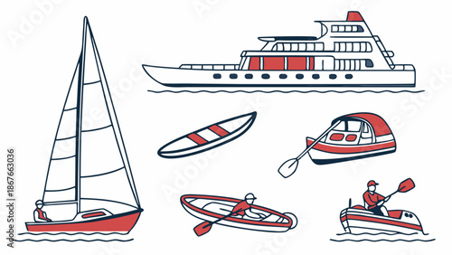 Diverse Watercraft Collection Yacht Sailboat Kayak Dinghy for Summer Vacation Travel Web Design Adventure Tourism