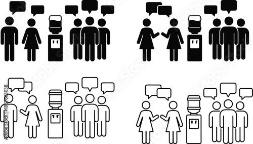 Office water cooler communication icon set showing people discussions, teamwork and workplace social interaction in solid and outline vector style