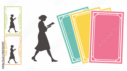 Silhouette Woman Reading Book Walking Past Colorful Card Templates for Education Presentation Design or Event Invitation Flyers