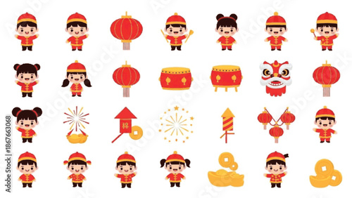 Collection of Cute Chinese New Year Icons Featuring Children, Lanterns, Drums, and Firecrackers
