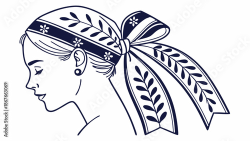 Vintage Hairstyle Illustration Woman Wearing Decorative Floral Head Scarf Bow for Fashion Beauty Blog Design