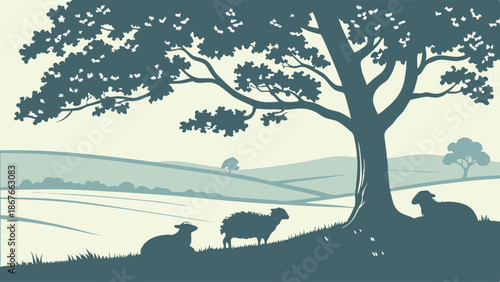 Pastoral Silhouette of Sheep Resting Under Large Tree in Rolling Countryside Fields for Rural Branding and Calm Web Design