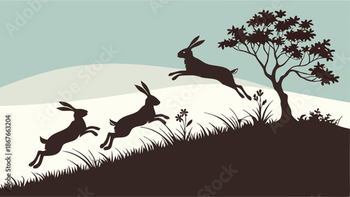 Dynamic Hares Leaping Uphill Across Grassy Meadow Landscape for Wildlife Nature Websites and Spring Campaigns