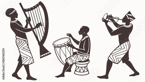 African Musicians Playing Harp Drum and Trumpet for Cultural Events or World Music Promotion Silhouette