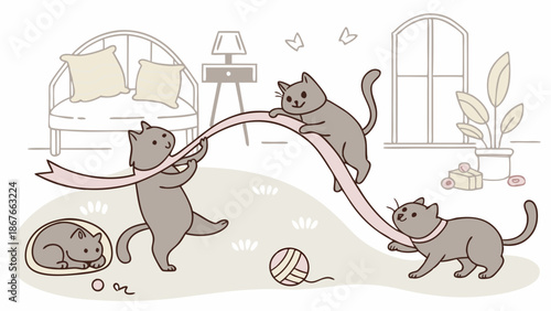 Playful Gray Cats Tugging Pink Ribbon in Cozy Home Setting for Pet Product Ads or Children's Book Illustration
