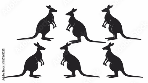 Six Black Kangaroo Silhouettes Standing Together for Wildlife Conservation, Australian Nature, or Animal Mascot Design Projects