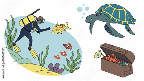 Scuba Diver Exploring Underwater Coral Reef Meeting Sea Turtle and Finding Treasure Chest for Ocean Adventure Illustration
