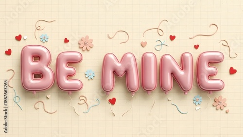Pink inflatable balloons spelling out the romantic phrase be mine adorned with tiny hearts and cheerful floral cutouts against a light textured background.