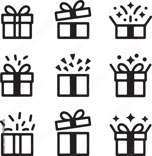 Set of gift box icons with sparkles and bows