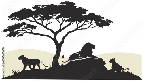 African Safari Silhouette Majestic Lion Pride Resting Under Acacia Tree Savannah Wildlife Scene for Travel Design
