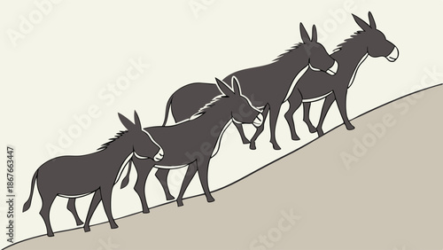 Four Dark Donkeys Climbing Steep Hill Together Showing Teamwork Effort and Perseverance for Success in Finance or Logistics