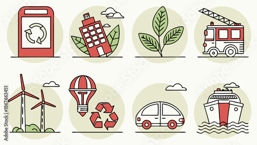 Eco Friendly Icons Set Sustainable Energy Green City Transport Recycling for Environmental Web Design Projects