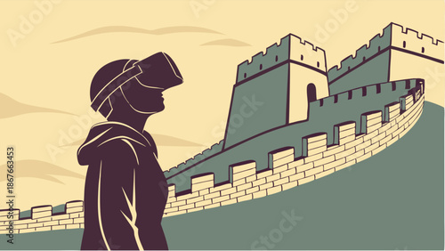 Virtual Reality Tourist Exploring Ancient Great Wall of China for Immersive Travel Education and Digital Heritage Tours