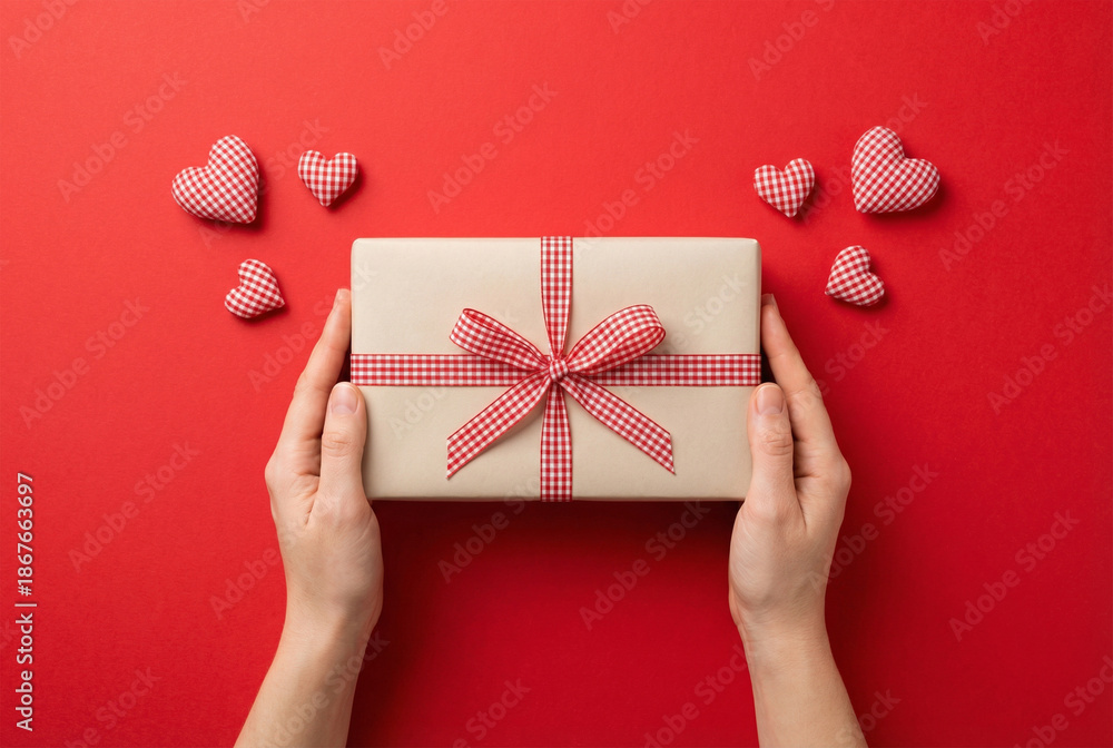 custom made wallpaper toronto digitalFirst person top view photo of st valentine's day decorations female hands holding kraft paper giftbox with checkered ribbon bow and hearts on isolated red background