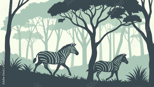 Two Zebras Walking Through Silhouetted Safari Forest Landscape for Wildlife Travel Design Projects