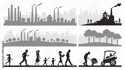 Urban Pollution Versus Nature Contrast Silhouettes People Walking Industrial Factory Skyline Versus Green Trees Landscape Design Elements