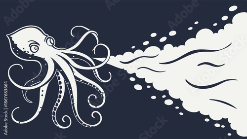 Dynamic Octopus Jetting Ink Cloud Escape Evasion Stealth Graphic Design Element for Nautical Themes Ocean Adventure Web Banners