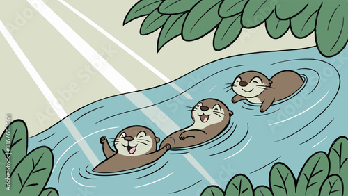 Three Happy Otters Swimming Joyfully Downstream in Sunny River for Nature Education and Children's Book Illustration