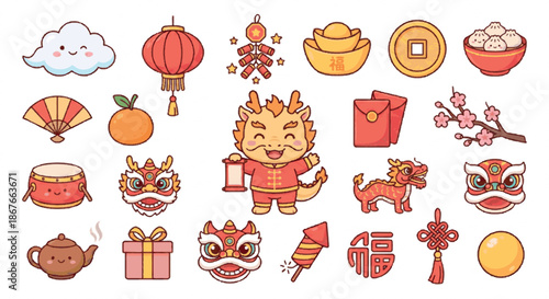 Adorable Chinese New Year Icons Collection Festive Dragon, Lanterns, Lucky Red Envelopes, and Traditional Elements for Lunar Celebration and Cultural Designs