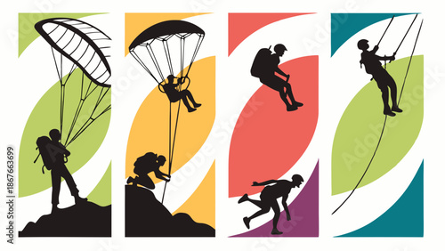 Extreme Sports Banners Paragliding Rappelling Hiking Silhouettes for Adventure Travel Website Design or Extreme Sports Event Promotion