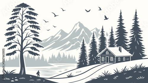 Rustic Mountain Cabin Landscape Vector Art for Winter Vacation Brochures Cozy Retreat Design Peaceful Nature Illustration