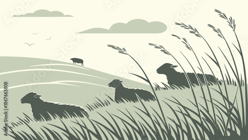 Pastoral Landscape with Silhouetted Sheep Grazing on Windy Hillside for Agriculture or Countryside Web Design