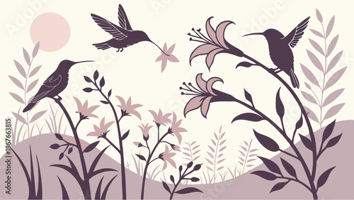 Hummingbirds Feeding on Lilies in Serene Garden Silhouette for Nature Branding and Spring Web Design Projects