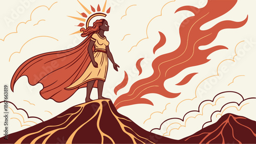 Powerful Woman Leader Standing on Volcano Summit Commanding Fiery Energy for Resilience and Transformation Website Graphics