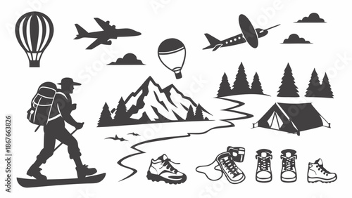 Outdoor Adventure Travel Icons Set Hiker Mountains Camping Air Balloon Airplane for Tourism Web Design Promotion