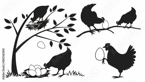 Chicken Hen Silhouettes Laying Eggs in Nest Tree Farm Animal Life Cycle Illustration for Agriculture Web Design Projects