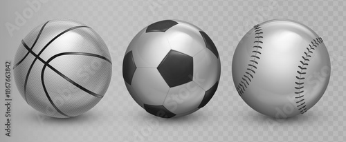 Realistic silver 3D sports balls icon set. Basketball, baseball and soccer ball. Symbol of victory or championship award trophy. Vector illustration