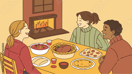 Friends Sharing Cozy Winter Meal by Fireplace for Holiday Gathering or Casual Dinner Party Illustration