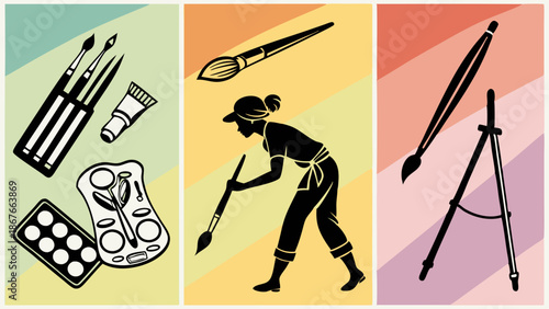 Art Supplies and Focused Painter Silhouette for Creative Hobby Education Design Portfolio Website Background Illustration