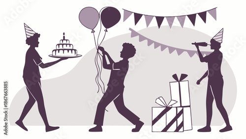 Celebration Silhouettes Preparing Birthday Party With Cake Balloons Gifts and Drinks for Festive Event Design