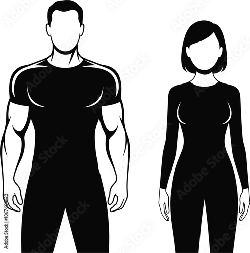 Male and female human silhouette vector illustration showing muscular man and slim woman body shapes in black flat style for fitness fashion and design projects