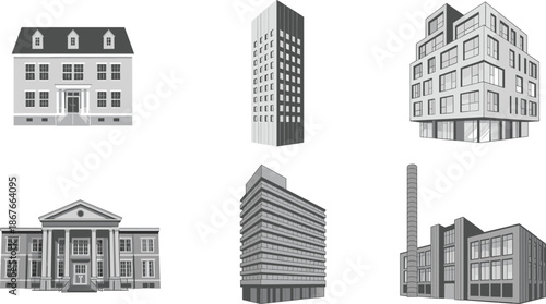 Architectural buildings vector illustration set featuring residential commercial office and industrial structures in monochrome flat style for urban design real estate and construction projects
