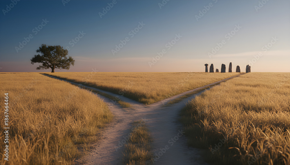 Fototapeta premium Forking path in golden field leading to choices