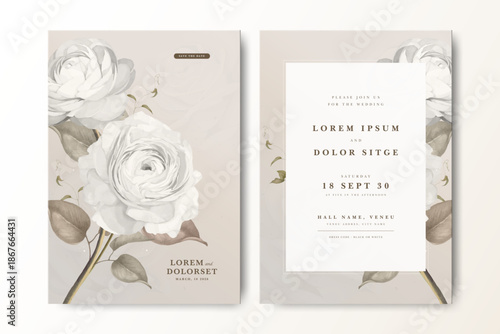 Creamy wedding invitation card with ranunculus flowers

