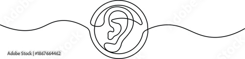 Continuous one-line drawing of an ear inside a circle. Minimalist medical symbol for hearing and audiology. Simple black line art on a white background.