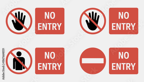 No entry sign icon set featuring no people allowed labels and stickers, showcasing restriction symbols for safety warnings, access control, prohibited areas, compliance visuals, and public signage des
