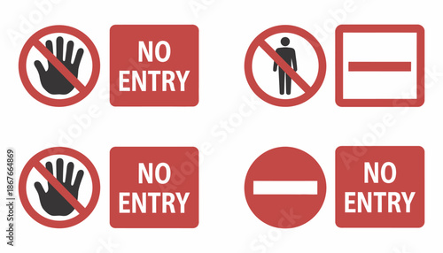 No entry sign icon set featuring no people allowed labels and stickers, showcasing restriction symbols for safety warnings, access control, prohibited areas, compliance visuals, and public signage des