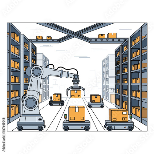 automated smart warehouse with robotic arm and mobile delivery carts for logistics blogs, industrial websites, training presentations, tech awareness, with copy space