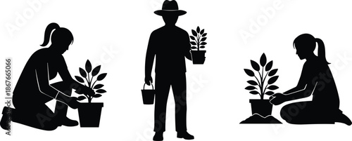 People caring and planting potted plants silhouettes, gardening teamwork, sustainability, nature care, eco friendly lifestyle, growth concept, black white illustrationWeb