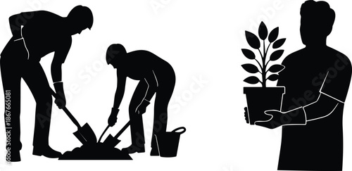 People planting and holding young plant silhouettes, teamwork, sustainability, environmental care, growth, eco friendly future concept, black white illustrationWeb