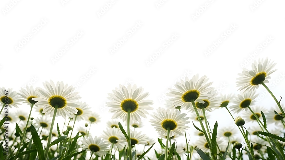 Fototapeta premium A field of white daisies with green stems and leaves on a bright sunny day