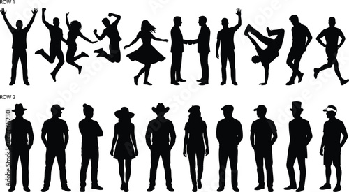 People silhouettes set showing dynamic actions and standing poses, jumping, dancing, greeting, lifestyle diversity, human figures, black white illustrationWeb