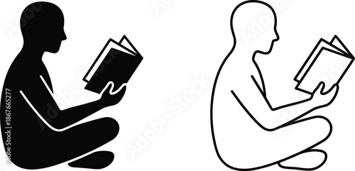 Person reading book silhouette illustration showing solid and outline human figure comparison, education concept vector isolated on white backgroundWeb